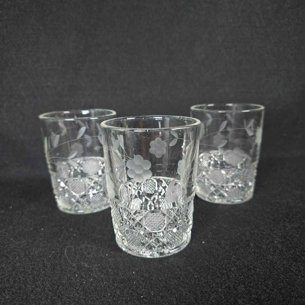 Vintage Set of 3 McKee Cut Glass Flower & Leaf Heavy Whiskey Tumbler 3 7/8” X 3”